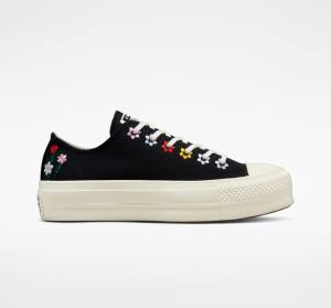 Trampki Niskie Converse Chuck Taylor All Star Lift Platformie Floral Embroidery Czarne Kolorowe | CV-619XVC