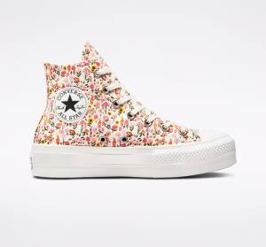 Trampki Wysokie Converse Chuck Taylor All Star Lift Platformie Florals Beżowe Białe Różowe | CV-964NWJ