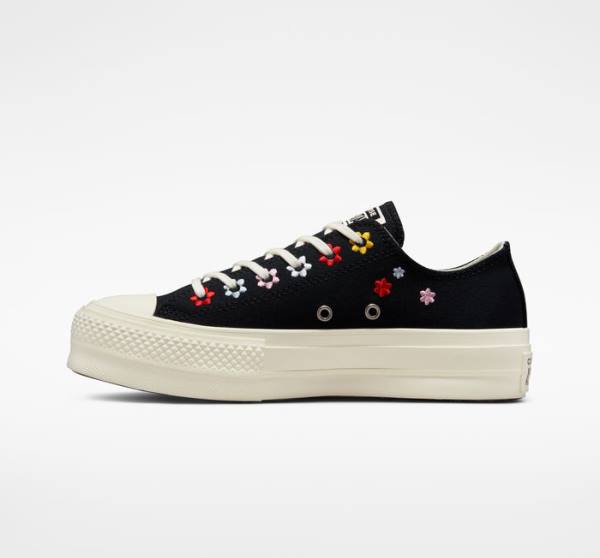 Trampki Niskie Converse Chuck Taylor All Star Lift Platformie Floral Embroidery Czarne Kolorowe | CV-902NPB