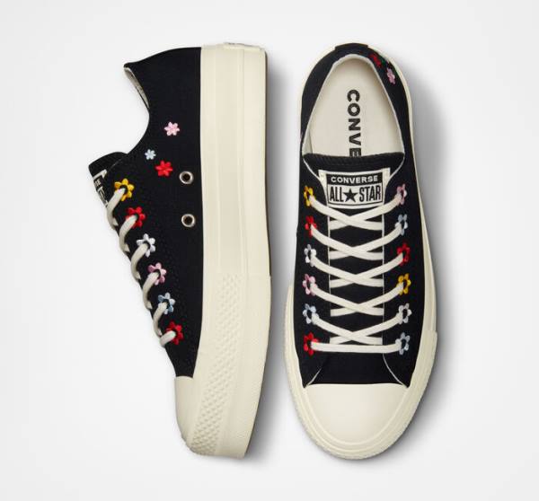 Trampki Niskie Converse Chuck Taylor All Star Lift Platformie Floral Embroidery Czarne Kolorowe | CV-902NPB