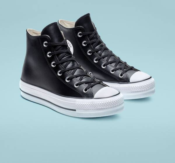 Trampki Wysokie Converse Chuck Taylor All Star Platformie Clean Skórzane Czarne Białe | CV-347MUN