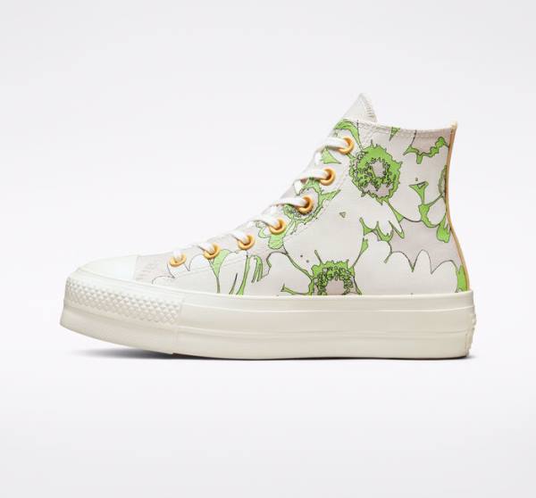 Trampki Wysokie Converse Chuck Taylor All Star Lift Platformie Crafted Florals Brązowe Głęboka Zielone | CV-398BAQ