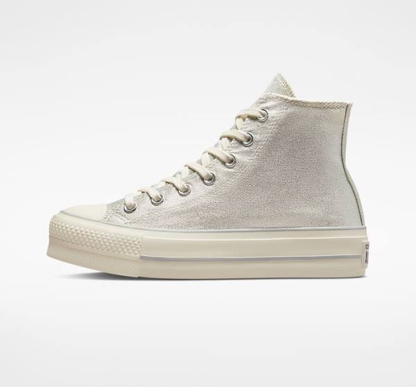 Trampki Wysokie Converse Chuck Taylor All Star Lift Platformie Metallic Twill Srebrne Srebrne | CV-752AHK