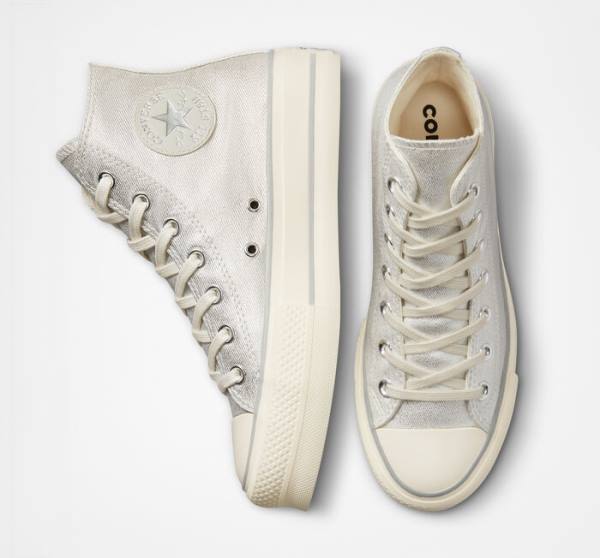 Trampki Wysokie Converse Chuck Taylor All Star Lift Platformie Metallic Twill Srebrne Srebrne | CV-752AHK