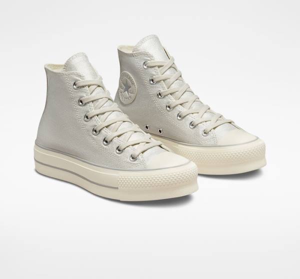 Trampki Wysokie Converse Chuck Taylor All Star Lift Platformie Metallic Twill Srebrne Srebrne | CV-752AHK