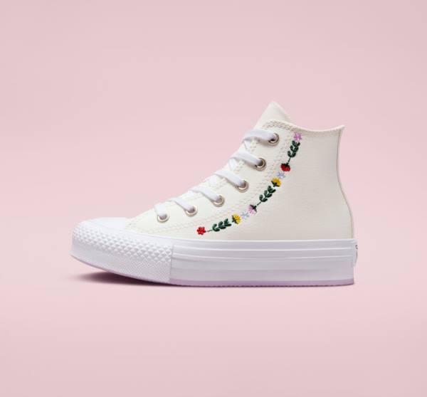 Trampki Wysokie Converse Chuck Taylor All Star Lift Platformie Floral Embroidery Białe Białe | CV-804UFH