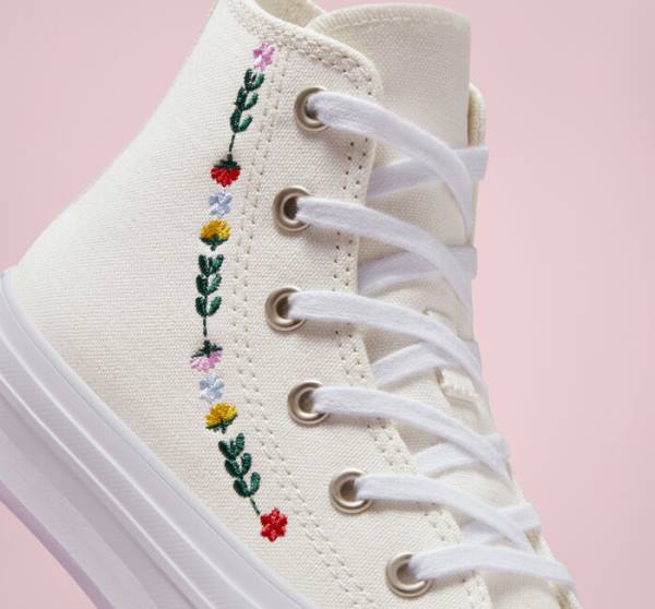 Trampki Wysokie Converse Chuck Taylor All Star Lift Platformie Floral Embroidery Białe Białe | CV-804UFH