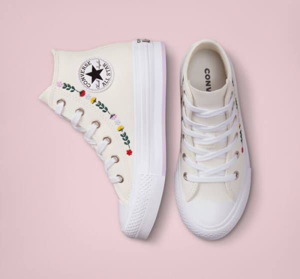 Trampki Wysokie Converse Chuck Taylor All Star Lift Platformie Floral Embroidery Białe Białe | CV-804UFH