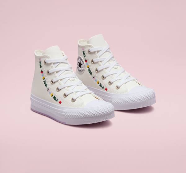 Trampki Wysokie Converse Chuck Taylor All Star Lift Platformie Floral Embroidery Białe Białe | CV-804UFH