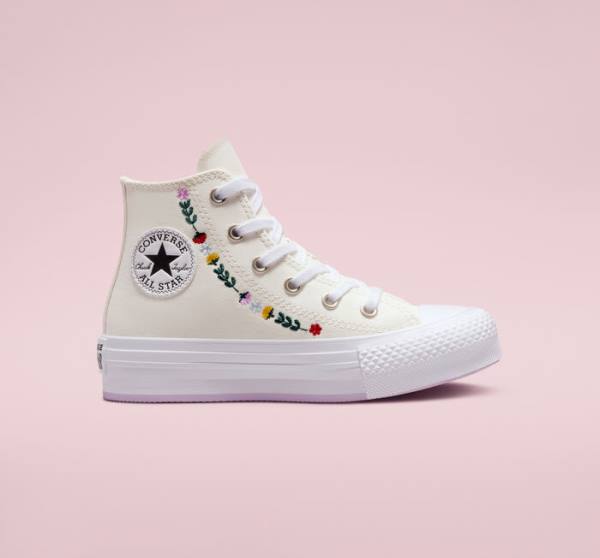 Trampki Wysokie Converse Chuck Taylor All Star Lift Platformie Floral Embroidery Białe Białe | CV-804UFH