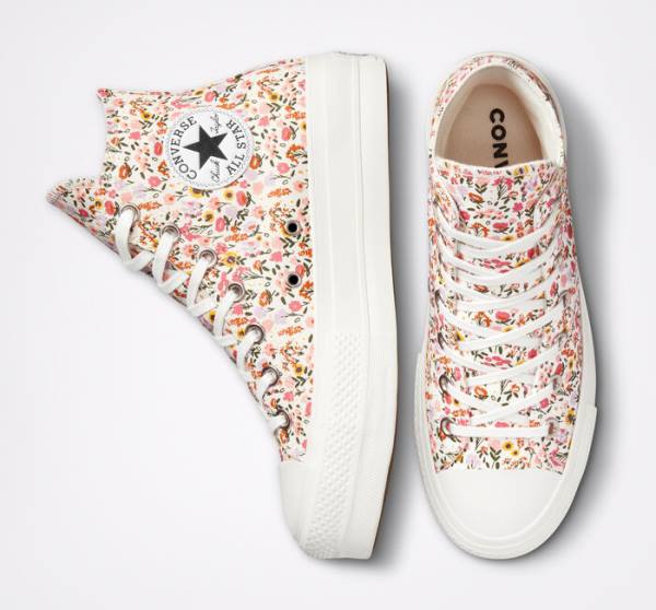 Trampki Wysokie Converse Chuck Taylor All Star Lift Platformie Florals Beżowe Białe Różowe | CV-964NWJ