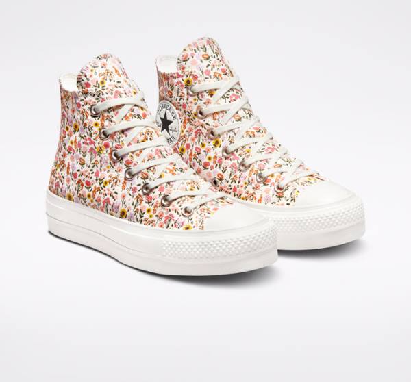 Trampki Wysokie Converse Chuck Taylor All Star Lift Platformie Florals Beżowe Białe Różowe | CV-964NWJ