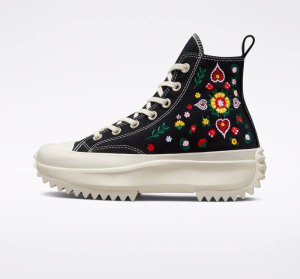 Trampki Wysokie Converse Run Star Hike Platformie Floral Embroidery Czarne | CV-029JHP